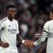 Vinicius Junior of Real Madrid reacts with team mate Kylian Mbappe during the UEFA Champions League 2025/26 League Phase MD7 match between Real Madrid C.F. and AS Monaco (Photo by Aitor Alcalde/Getty Images)