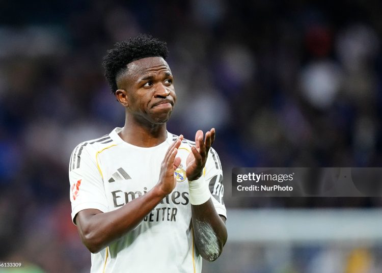 Vinicius Junior left winger of Real Madrid and Brazil greets his supporters during the LaLiga EA Sports match between Real Madrid CF and Levante UD (Photo by Jose Breton/Pics Action/NurPhoto via Getty Images)