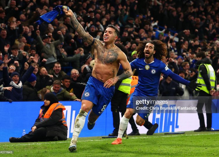 Enzo Fernandez (L) of Chelsea celebrates scoring his side's third goal with team-mate Marc Cucurella during the Premier League match between Chelsea and West Ham United (Photo by Chris Brunskill/Fantasista/Getty Images)