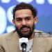 Trae Young #3 of the Washington Wizards speaks during an introductory press conference before the game between the New Orleans Pelicans and the Washington Wizards (Photo by Scott Taetsch/Getty Images)
