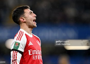 Martin Zubimendi of Arsenal celebrates scoring his team's third goal during the Carabao Cup Semi Final First Leg match between Chelsea and Arsenal (Photo by David Price/Arsenal FC via Getty Images)