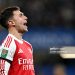 Martin Zubimendi of Arsenal celebrates scoring his team's third goal during the Carabao Cup Semi Final First Leg match between Chelsea and Arsenal (Photo by David Price/Arsenal FC via Getty Images)