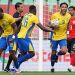 Gabon's defender #19 Jacques Ekomie and Gabon's forward #09 Pierre-Emerick Aubameyang celebrate a goal . (Photo by FRANCK FIFE / AFP via Getty Images)