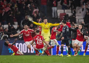 Goalkeeper Anatoliy Trubin of Benfica celebrates after scoring the team's fourth goal during the UEFA Champions League 2025/26 League Phase MD8 match between SL Benfica and Real Madrid C.F. at  on January 28, 2026 in Lisbon, Portugal. (Photo by Ricardo Nogueira/Sports Press Photo/Getty Images)
