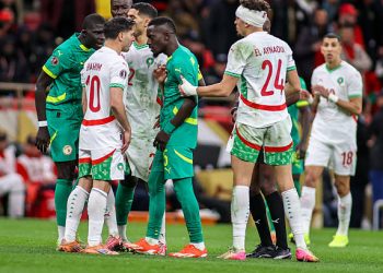 Morocco's Brahim Diaz and Senegal's Idrissa Gana Gueye in heated discussion about penalty decision during the Africa Cup Of Nations Final match between Senegal and Morocco at Prince Moulay Abdellah Stadium on January 18, 2026 in Rabat, Morocco. (Photo by Torbjorn Tande/DeFodi Images/DeFodi via Getty Images)
