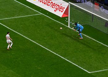 Morocco's forward #10 Brahim Diaz misses a penalty in front of Senegal's goalkeeper #16 Edouard Mendy during the Africa Cup of Nations (CAN) final football match between Senegal and Morocco at the Prince Moulay Abdellah Stadium in Rabat on January 18, 2026. (Photo by Paul ELLIS / AFP via Getty Images)