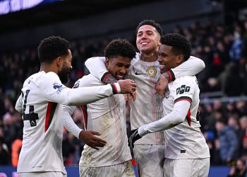 Enzo Fernandez of Chelsea celebrates scoring his team's third goal with teammates Andrey Santos, Estevao and Reece James during the Premier League match between Crystal Palace and Chelsea at Selhurst Park on January 25, 2026 in London, England. (Photo by Darren Walsh/Chelsea FC via Getty Images)