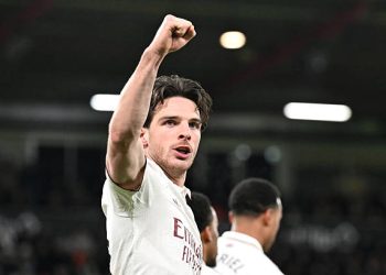 Declan Rice of Arsenal celebrates scoring his team's third goal  (Photo by Stuart MacFarlane/Arsenal FC via Getty Images)