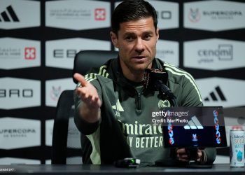 Xabi Alonso head coach of Real Madrid during the press conference and training ahead to the Spanish Super Cup semi-final match between Atletico de Madrid and Real Madrid at King Abdullah Sports City Hall Stadium on January 7, 2026 in Jeddah, Saudi Arabia. (Photo by Jose Breton/Pics Action/NurPhoto via Getty Images)