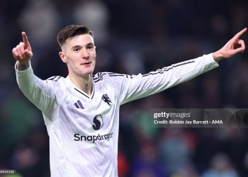 Benjamin Sesko of Manchester United  celebrates after scoring a goal to make it 1-2 during the Premier League match between Burnley and Manchester United  (Photo by Robbie Jay Barratt - AMA/Getty Images)