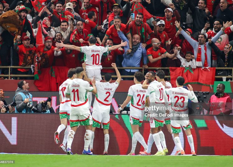 Morocco's Brahim Diaz celebrates his goal with team mates during the Africa Cup Of Nations Quarter-final match between Cameroon and Morocco (Photo by Torbjorn Tande/DeFodi Images/DeFodi via Getty Images)