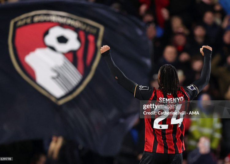 Antoine Semenyo of Bournemouth celebrates after scoring a goal to make it 3-2 during the Premier League match between Bournemouth and Tottenham Hotspur (Photo by Catherine Ivill - AMA/Getty Images)