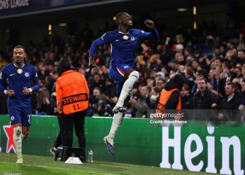 Moises Caicedo of Chelsea celebrates scoring his team's first goal during the UEFA Champions League 2025/26 League Phase MD7 match between Chelsea FC and Pafos FC (Photo by Ryan Pierse/Getty Images)