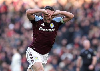 John McGinn of Aston Villa celebrates scoring his team's third goal . (Photo by Neville Williams/Aston Villa FC via Getty Images)