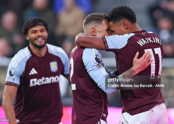 Ollie Watkins of Aston Villa celebrates after scoring a goal to make it 0-2 during the Premier League match between Newcastle United and Aston Villa at St James' Park on January 25, 2026 in Newcastle upon Tyne, England. (Photo by Robbie Jay Barratt - AMA/Getty Images)