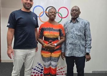 GOC President Richard Akpocavie with Aquatics Ghana president Delphina Quaye with Five-time Olympian Felipe Perrone