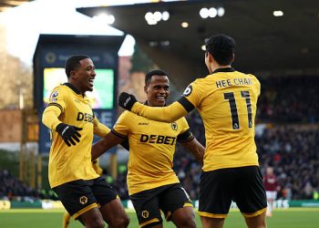 Jhon Arias of Wolverhampton Wanderers celebrates scoring his team's first goal with teammate Hwang Hee-Chan . (Photo by Brett Patzke - WWFC/Wolves via Getty Images)