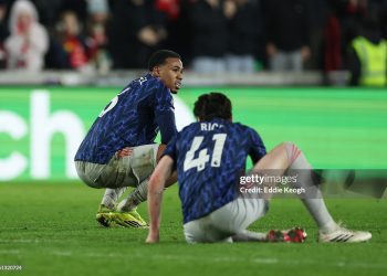 Gabriel of Arsenal reacts at full time after the Premier League match between Brentford and Arsenal (Photo by Eddie Keogh/Getty Images)