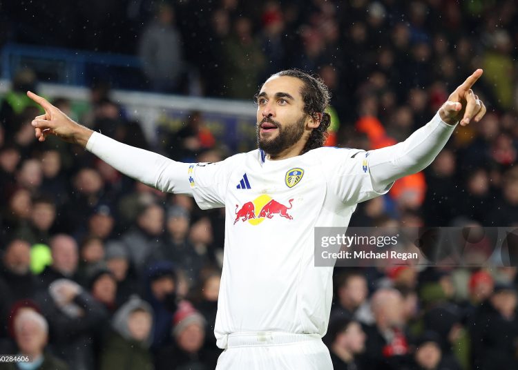 Dominic Calvert-Lewin of Leeds United celebrates scoring his team's third goal during the Premier League match between Leeds United and Nottingham Forest (Photo by Michael Regan/Getty Images)