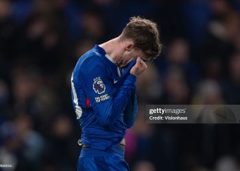 Cole Palmer of Chelsea reacts after missing a chance to score a last minute winning goal during the Premier League match between Chelsea and Leeds United (Photo by Visionhaus/Getty Images)