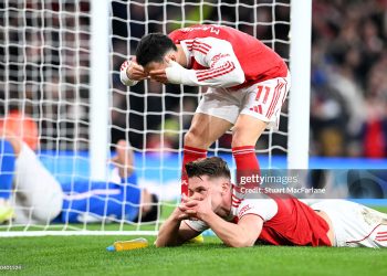 Viktor Gyoekeres of Arsenal celebrates scoring his team's goal third goal with teammate Gabriel Martinelli during the Premier League match between Arsenal and Sunderland (Photo by Stuart MacFarlane/Arsenal FC via Getty Images)