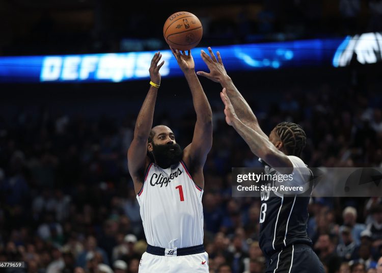 James Harden #1 of the LA Clippers shoots over Naji Marshall #13 of the Dallas Mavericks (Photo by Stacy Revere/Getty Images)