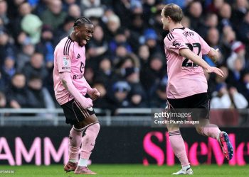 Abdul Fatawu of Leicester City celebrates with Oliver Skipp of Leicester City after scoring to make it 1-1 during the Sky Bet Championship match between Birmingham City and Leicester City (Photo by Plumb Images/Leicester City FC via Getty Images)