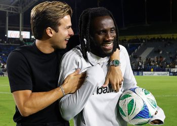 Joseph Paintsil #28 of Los Angeles Galaxy and Riqui Puig #10 celebrate a 4-1 win against Sporting Kansas City at Dignity Health Sports Park on September 27, 2025 in Carson, California. (Photo by Ronald Martinez/Getty Images)