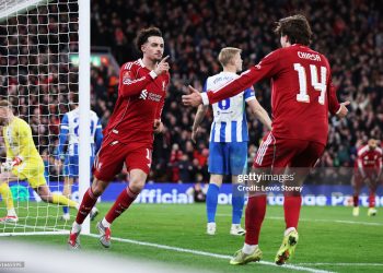 Curtis Jones of Liverpool celebrates scoring his team's first goal with teammate Federico Chiesa during the Emirates FA Cup Fourth Round match between Liverpool and Brighton & Hove Albion (Photo by Lewis Storey/Getty Images)