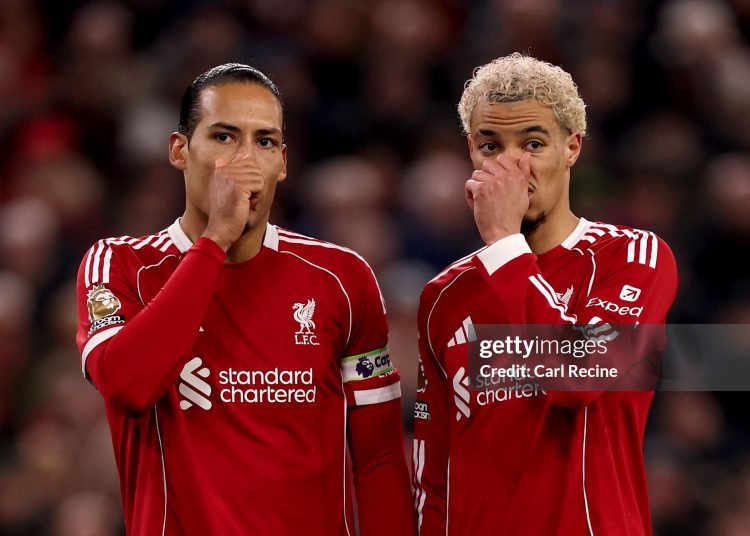 Virgil van Dijk of Liverpool and Hugo Ekitike of Liverpool during the Premier League match between Liverpool and Manchester City (Photo by Carl Recine/Getty Images)