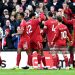 Hugo Ekitike of Liverpool celebrates scoring his team's first goal with teammates during the Premier League match between Liverpool and West Ham United Photo Courtesy: Getty Images