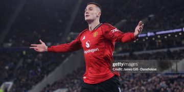 Benjamin Sesko of Manchester United celebrates after scoring their first goal during the Premier League match between Everton and Manchester United (Photo by James Gill - Danehouse/Getty Images)