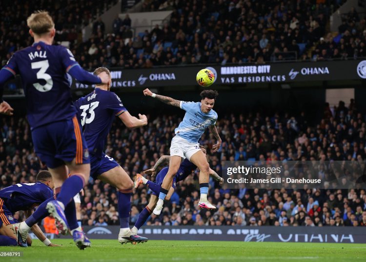 Nico O'Reilly of Manchester City scores their side's second goal during the Premier League match between Manchester City and Newcastle United (Photo by James Gill - Danehouse/Getty Images)
