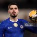 Pedro Neto of Chelsea celebrates victory on the pitch with the match ball after scoring a hat trick during the Emirates FA Cup Fourth Round match between Hull City and Chelsea (Photo by Carl Recine/Getty Images)