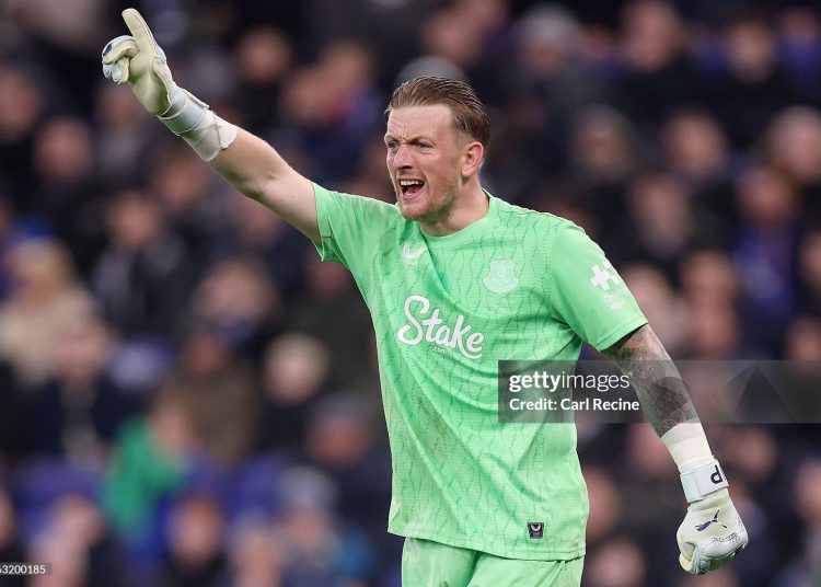 Jordan Pickford of Everton react during Premier League match (Photo by Carl Recine/Getty Images)
