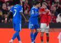 Gianluca Prestianni of Benfica speaks towards Vinicius Junior of Real Madrid during the UEFA Champions League 2025/26 League Knockout Play-off First Leg match between SL Benfica and Real Madrid C.F. (Photo by Angel Martinez/Getty Images)