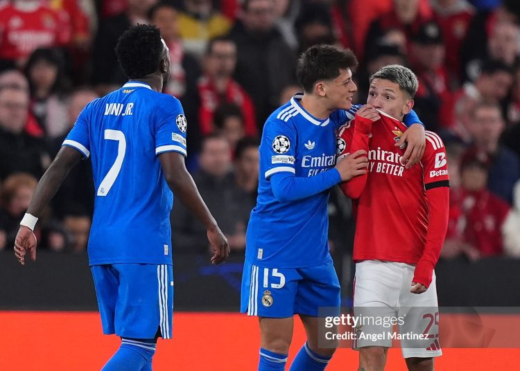 Gianluca Prestianni of Benfica speaks towards Vinicius Junior of Real Madrid during the UEFA Champions League 2025/26 League Knockout Play-off First Leg match between SL Benfica and Real Madrid C.F. (Photo by Angel Martinez/Getty Images)
