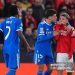 Gianluca Prestianni of Benfica speaks towards Vinicius Junior of Real Madrid during the UEFA Champions League 2025/26 League Knockout Play-off First Leg match between SL Benfica and Real Madrid C.F. (Photo by Angel Martinez/Getty Images)