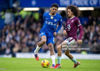 Wesley Fofana of Chelsea and Hannibal Mejbri of Burnley in action during the Premier League match between Chelsea and Burnley (Photo by Sebastian Frej/MB Media/Getty Images)
