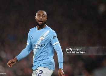 Antoine Semenyo of Manchester City during the Premier League match between Liverpool and Manchester City (Photo by Michael Regan/Getty Images)
