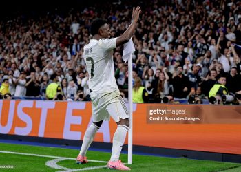 Vinicius Junior of Real Madrid celebrates 2-1 during the UEFA Champions League  match between Real Madrid v Benfica (Photo by Maria Gracia Jimenez/Soccrates/Getty Images)