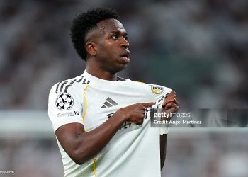 Vinicius Junior of Real Madrid celebrates scoring his team's second goal during the UEFA Champions League 2025/26 League Knockout Play-off Second Leg match between Real Madrid C.F. and SL Benfica (Photo by Angel Martinez/Getty Images)