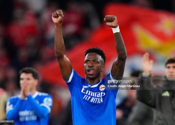 Vinicius Junior of Real Madrid celebrates after the team's victory during the UEFA Champions League 2025/26 League Knockout Play-off First Leg match between SL Benfica and Real Madrid C.F (Photo by Angel Martinez/Getty Images)
