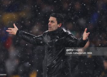 Mikel Arteta Manager / Head Coach of Arsenal reacts during the Premier League match between Wolverhampton Wanderers and Arsenal (Photo by Catherine Ivill - AMA/Getty Images)