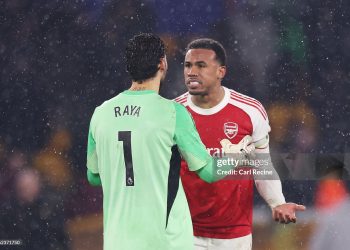 David Raya and Gabriel of Arsenal clash after Tom Edozie of Wolverhampton Wanderers (not pictured) scores his team's second goal during the Premier League match between Wolverhampton Wanderers and Arsenal (Photo by Carl Recine/Getty Images)