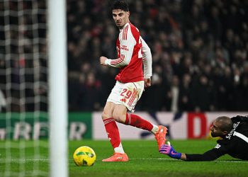 Kai Havertz of Arsenal scores his team's first goal during the Carabao Cup Semi Final Second Leg match between Arsenal and Chelsea at Emirates Stadium on February 03, 2026 in London, England. (Photo by Mike Hewitt/Getty Images)