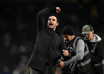 Mikel Arteta, Manager of Arsenal, celebrates following the team's victory in the Premier League match between Tottenham Hotspur and Arsenal at Tottenham Hotspur Stadium on February 22, 2026 in London, England. (Photo by Mike Hewitt/Getty Images)