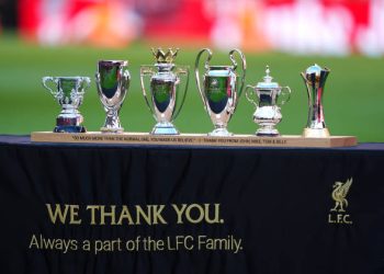 Replicas of the trophies won by Liverpool manager Jurgen Klopp during his tenure at the team following the Premier League match at Anfield, Liverpool. Picture date: Sunday May 19, 2024. (Photo by Peter Byrne/PA Images via Getty Images)