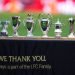 Replicas of the trophies won by Liverpool manager Jurgen Klopp during his tenure at the team following the Premier League match at Anfield, Liverpool. Picture date: Sunday May 19, 2024. (Photo by Peter Byrne/PA Images via Getty Images)
