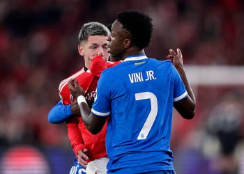 Vinicius Junior of Real Madrid in a clash with Gianluca Prestianni of Benfica during the UEFA Champions League  match between Benfica v Real Madrid at the Estadio Da Luz on February 17, 2026 in Lisbon Portugal (Photo by Eric Verhoeven/Soccrates/Getty Images)